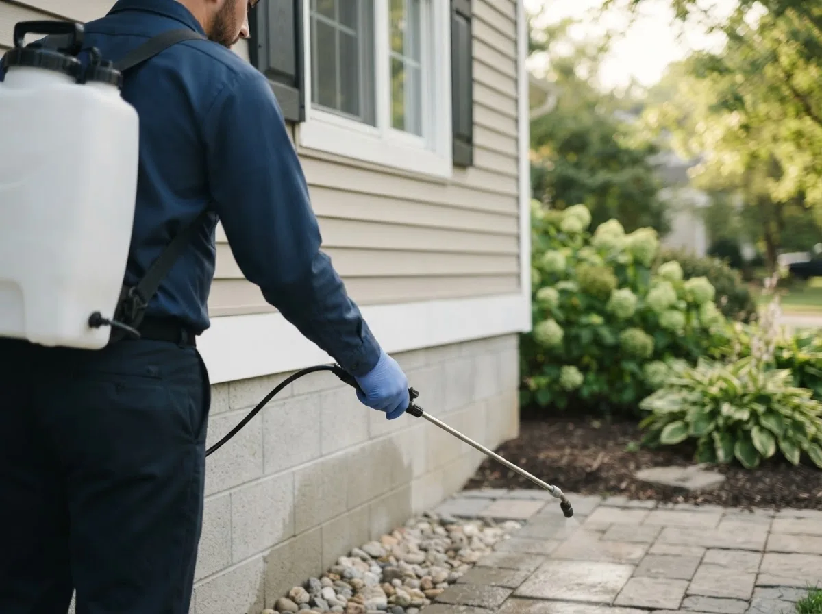 Pest control technician inspecting a home in Springboro, OH